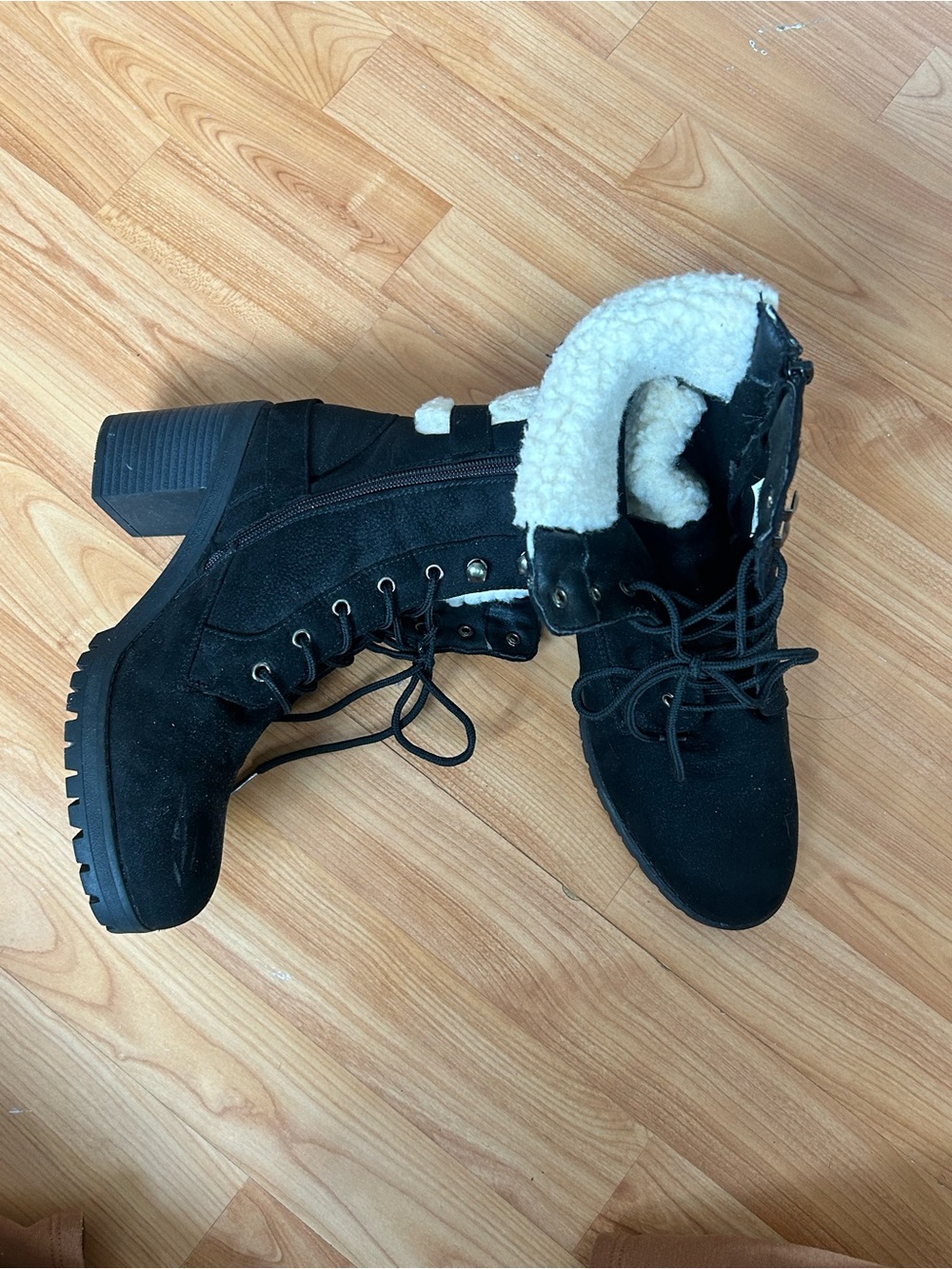 Black Faux Shearling Lace-Up Ankle Boots